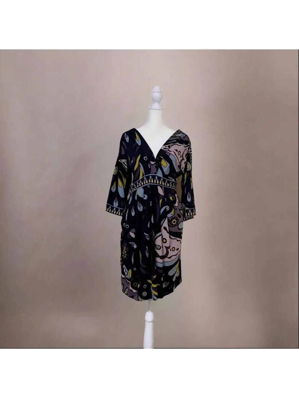 BCBG Navy Butterfly Multicolored Print V-Neck Open Sleeve Empress Summer Dress